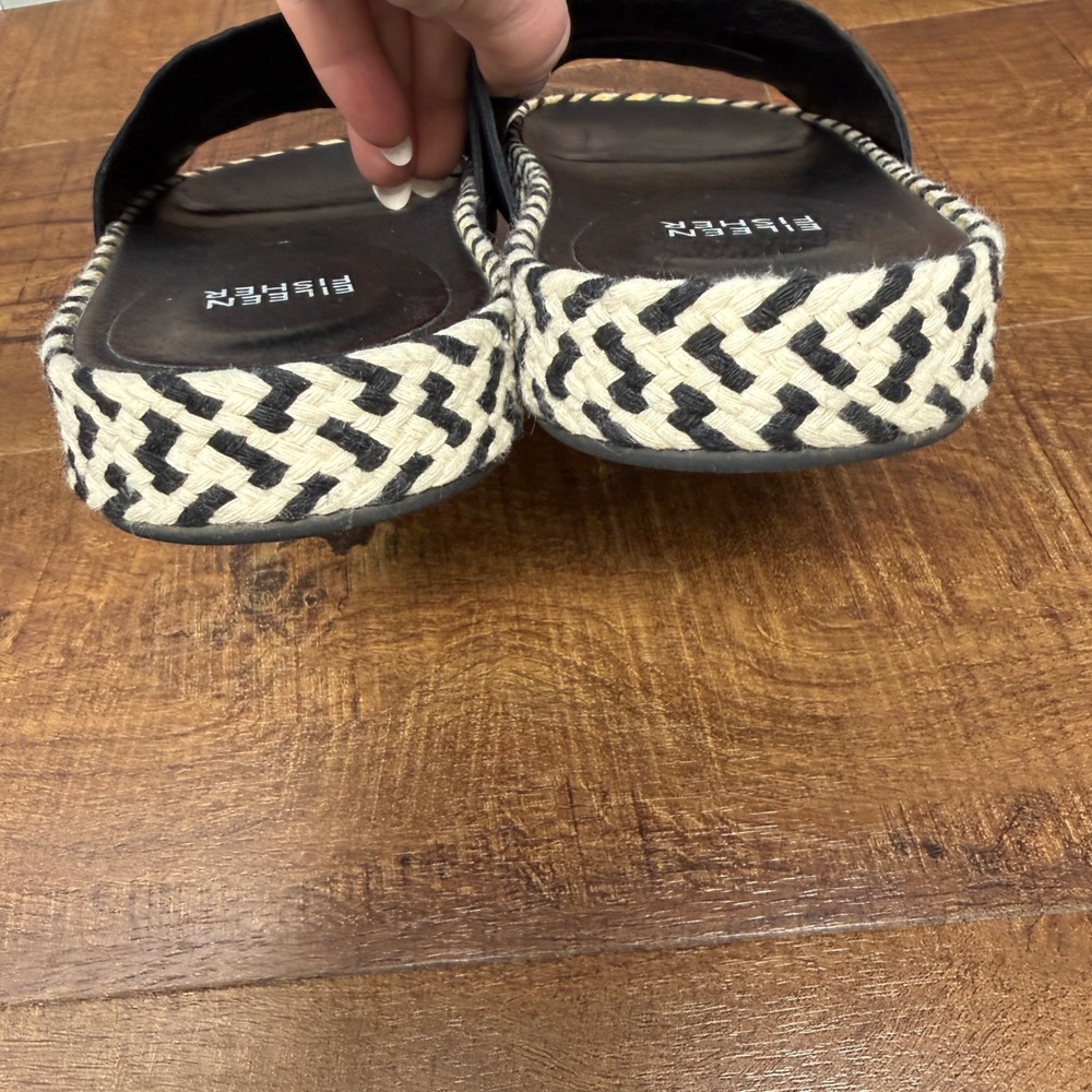 Eileen Fisher Pear Black Leather Chevron Woven Espadrille Slide Sandals 7 - Picture 13 of 15